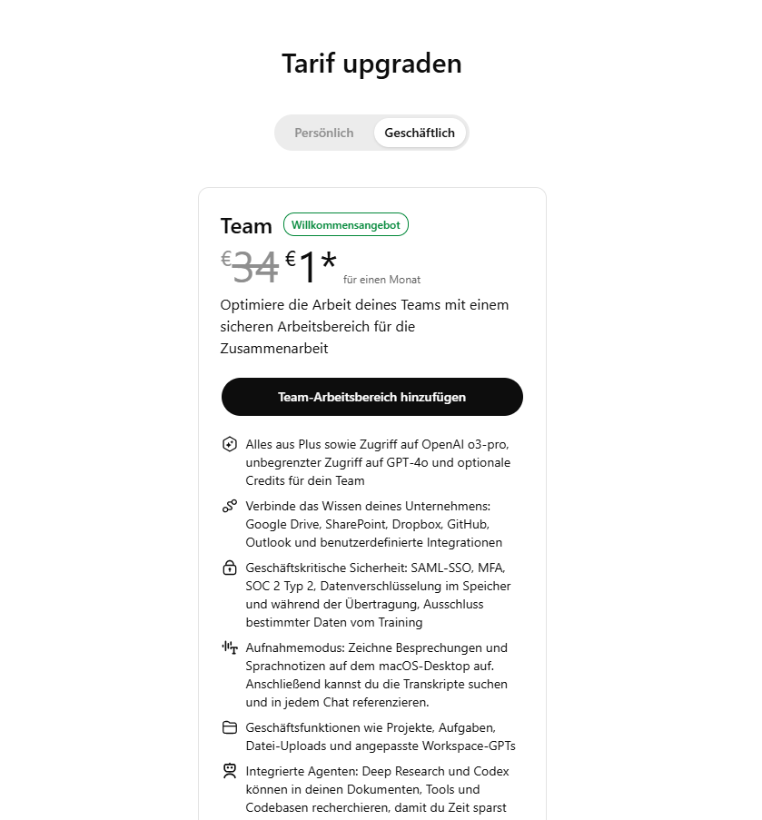 ChatGPT Teams Angebot für 1 Euro
