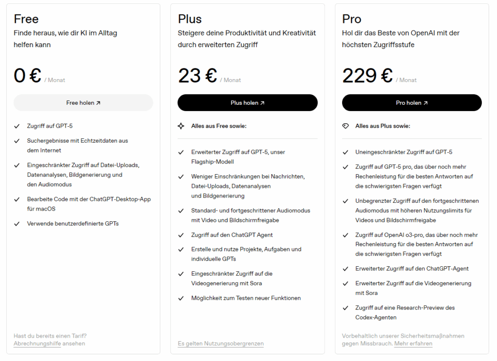 Vergleich ChatGPT Versionen kostenlos vs. Pläne